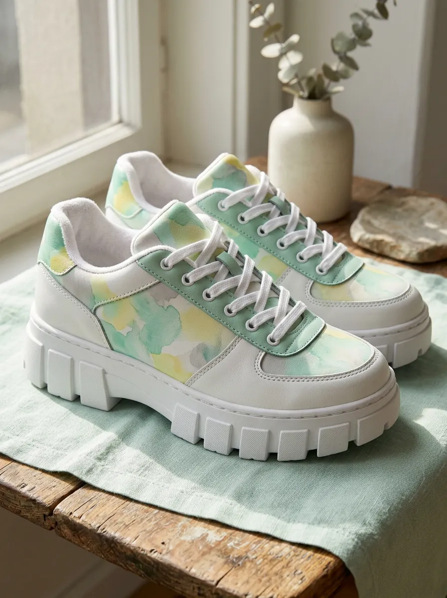 Women's Pastel Watercolor Abstract Printed Chunky Sneakers