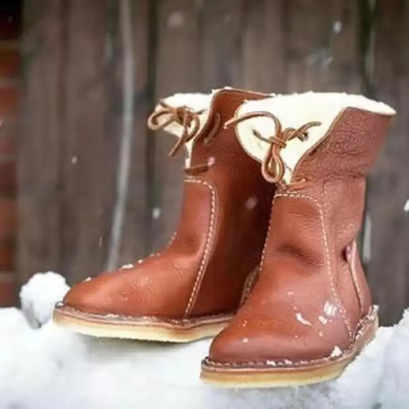 2021 new round toe snow boots plus velvet lace flat casual shoes ankle boots