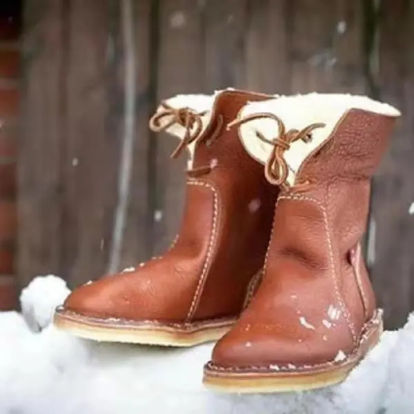 2021 new round toe snow boots plus velvet lace flat casual shoes ankle boots