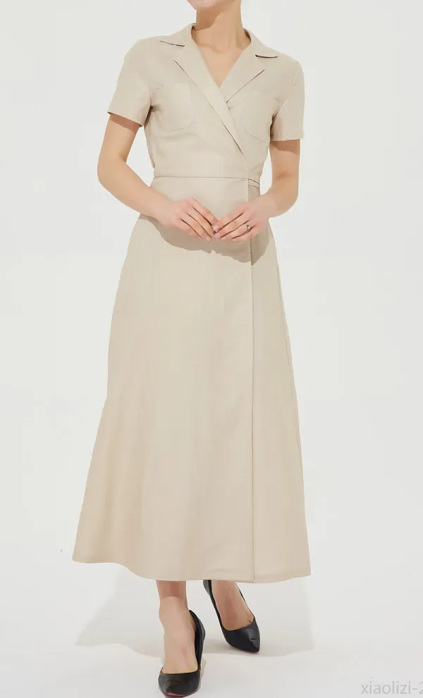 Linen Fit And Flare Wrap V Neck Short Sleeve Maxi Dress