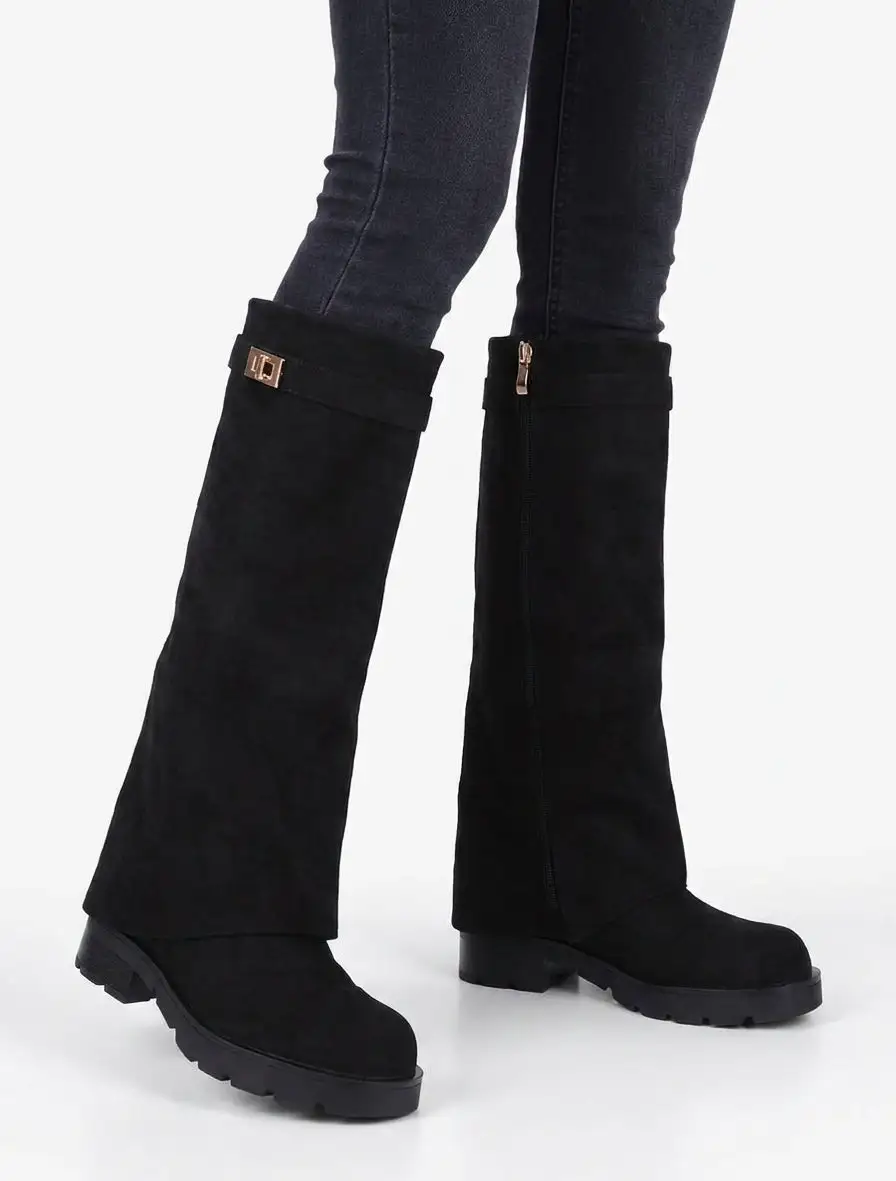 Modern Buckle Detail Block Heel Faux Suede Knee High Boots