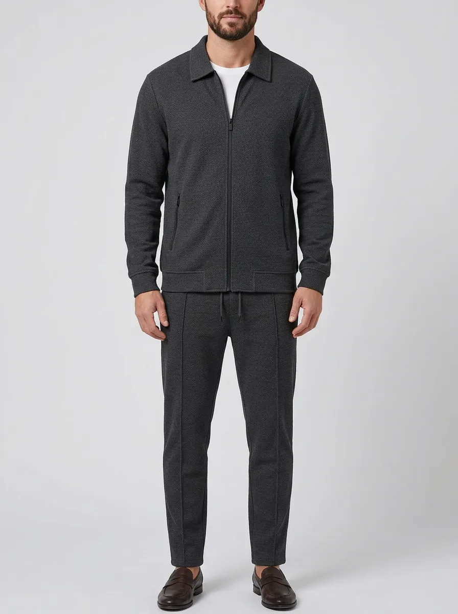 Men's Heritage Inspired Textured Zip-Up Minimal Polo Collar Jacket and Jogger Pants Set