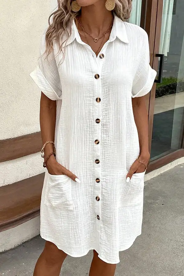 Button Solid Color Mini Dress