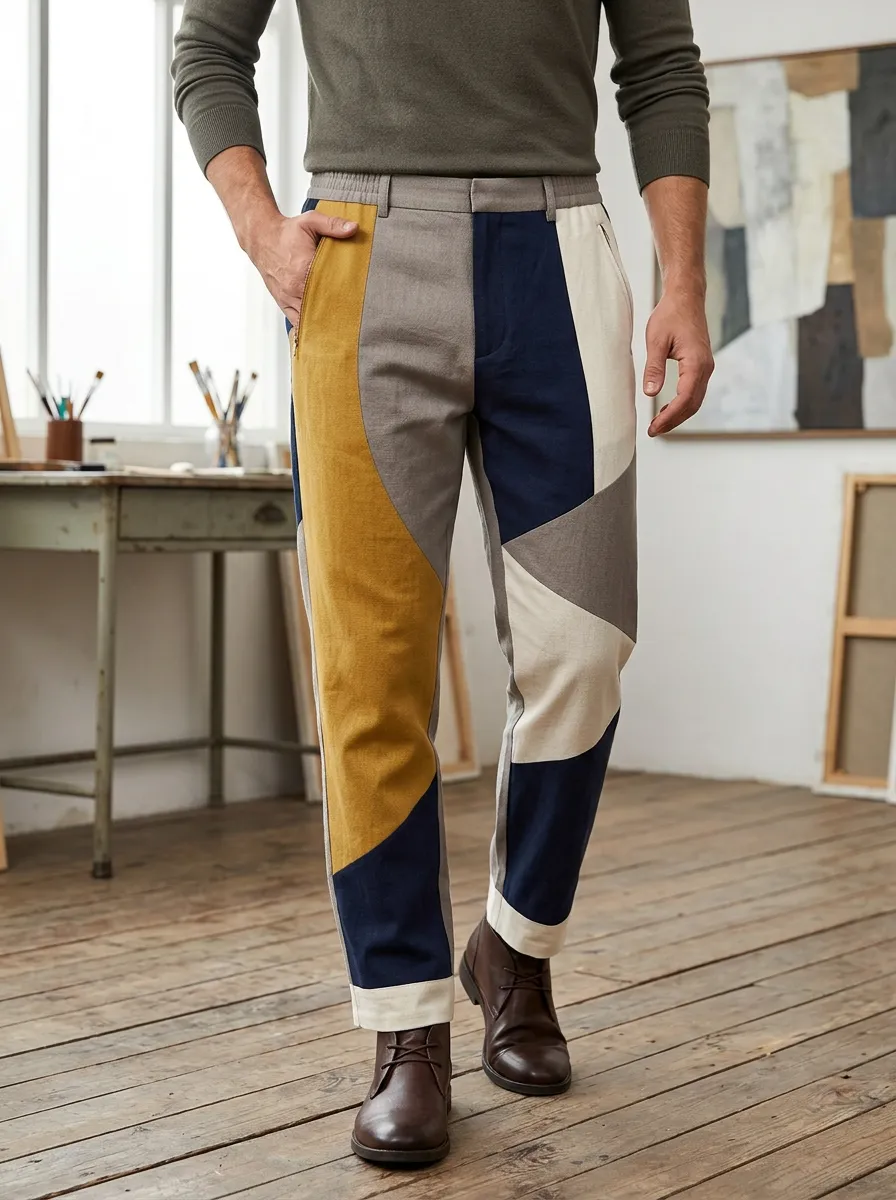 Men's Geometric Colorblock Pattern Printed Trousers