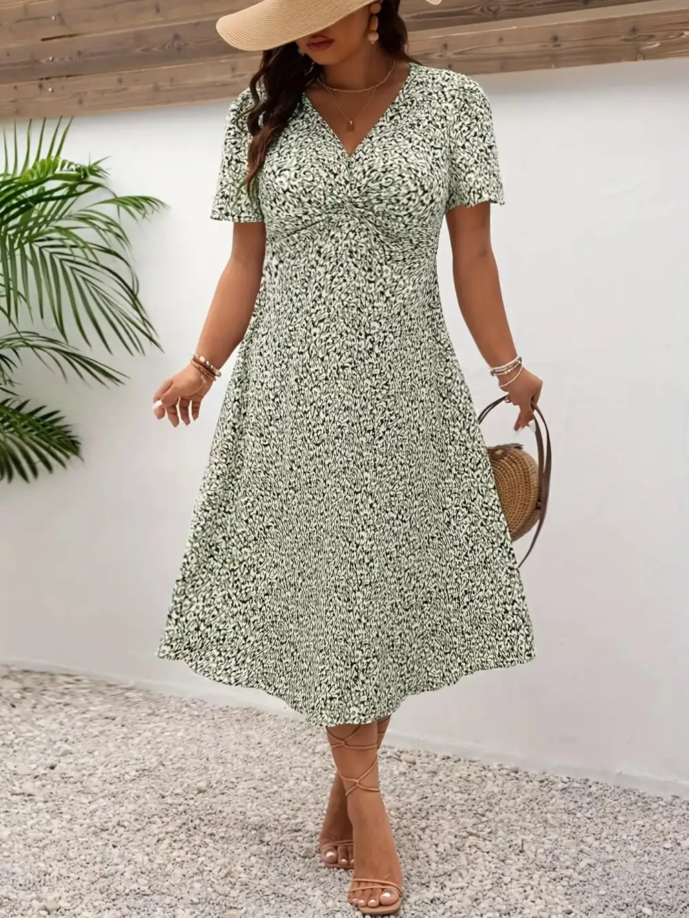 Polished Detail Printed V Neck Short Sleeve Midi Dress