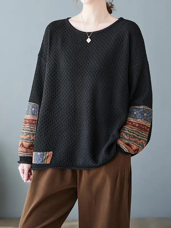 Printed Paneled Round Neck Long Sleeve Relaxed Fit Pullover Sweater