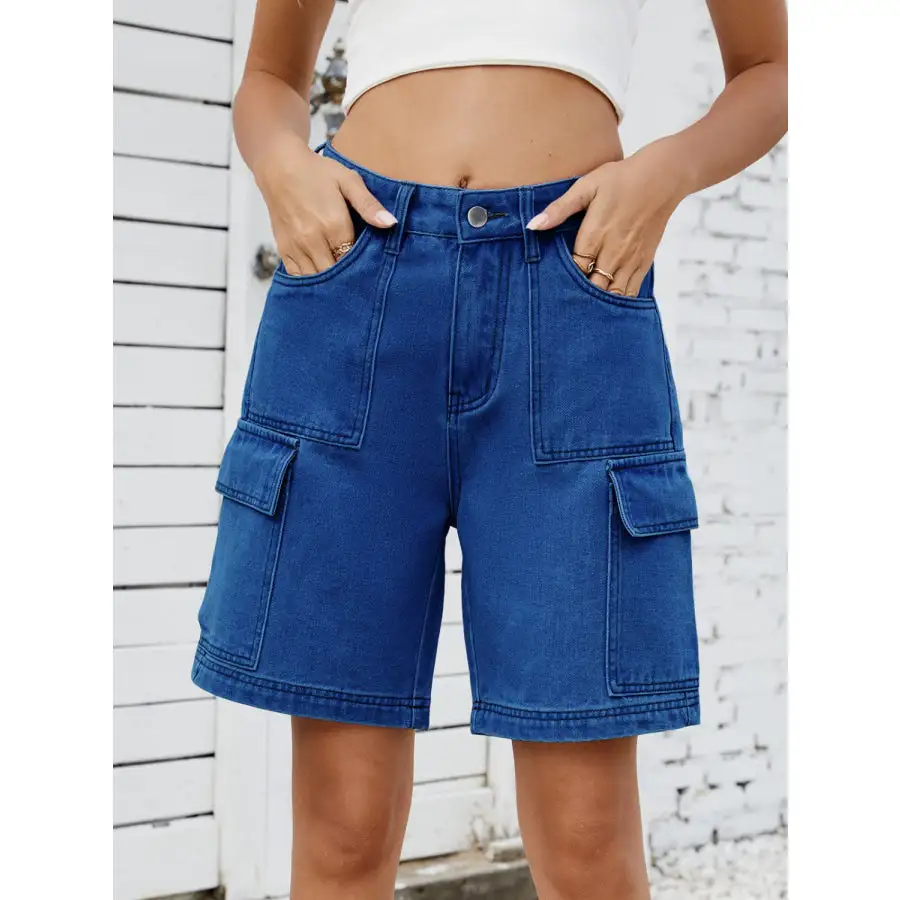 High Waist Denim Shorts with Cargo Pockets