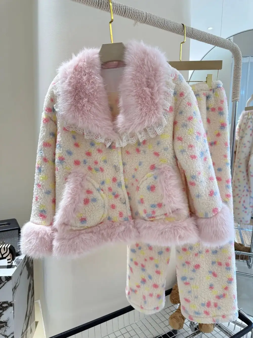 Colorful Polka Dot Fur Trim Short and Pants Loungewear Set