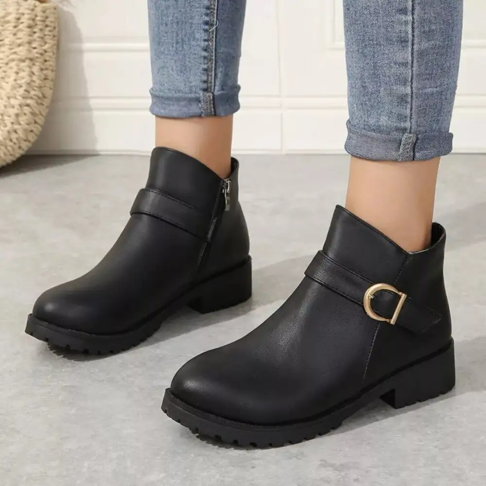 Textured Buckle Accent Ankle Boots