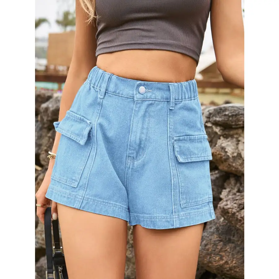 Textured High Waist Denim Shorts with Pockets