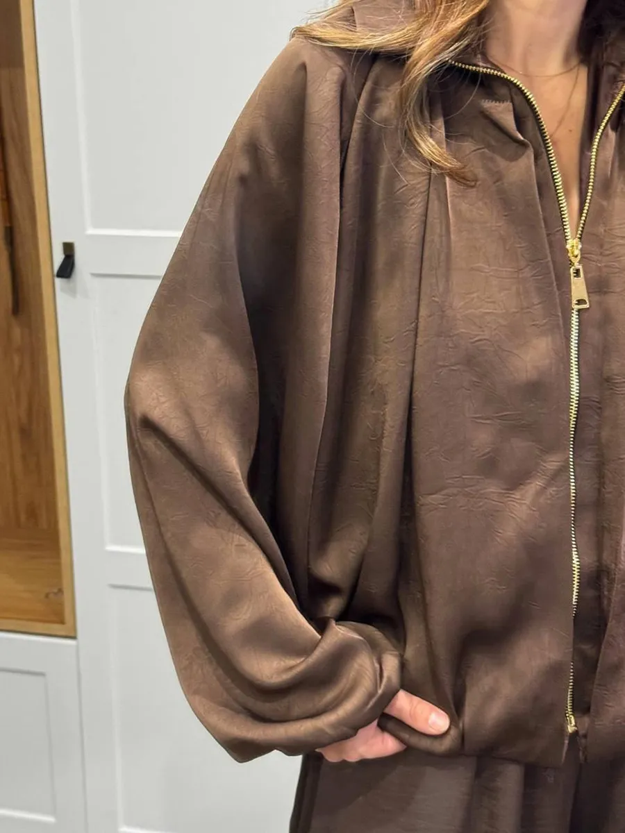 Women's solid color cross-section design casual zipper cardigan & pants set