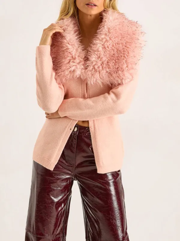 Women's Pink Fuzzy-Accent Wide-Collar Cardigan