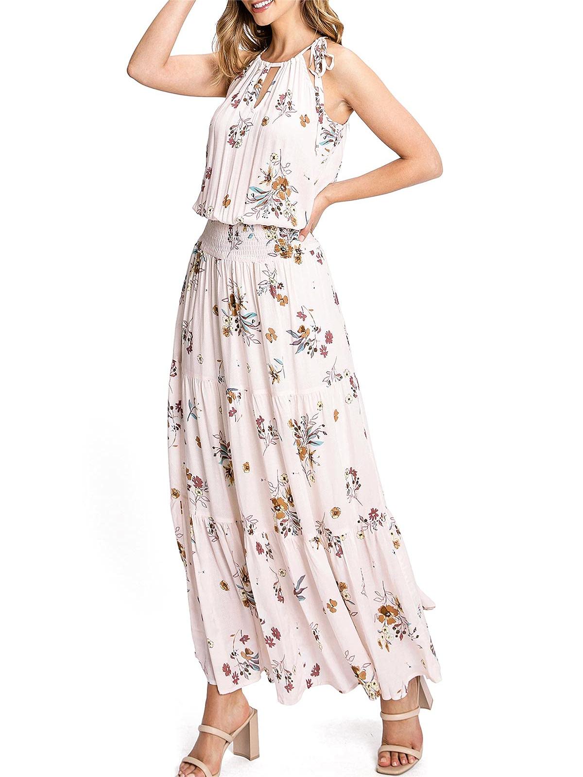 Light Blue Floral Halter Maxi Dress