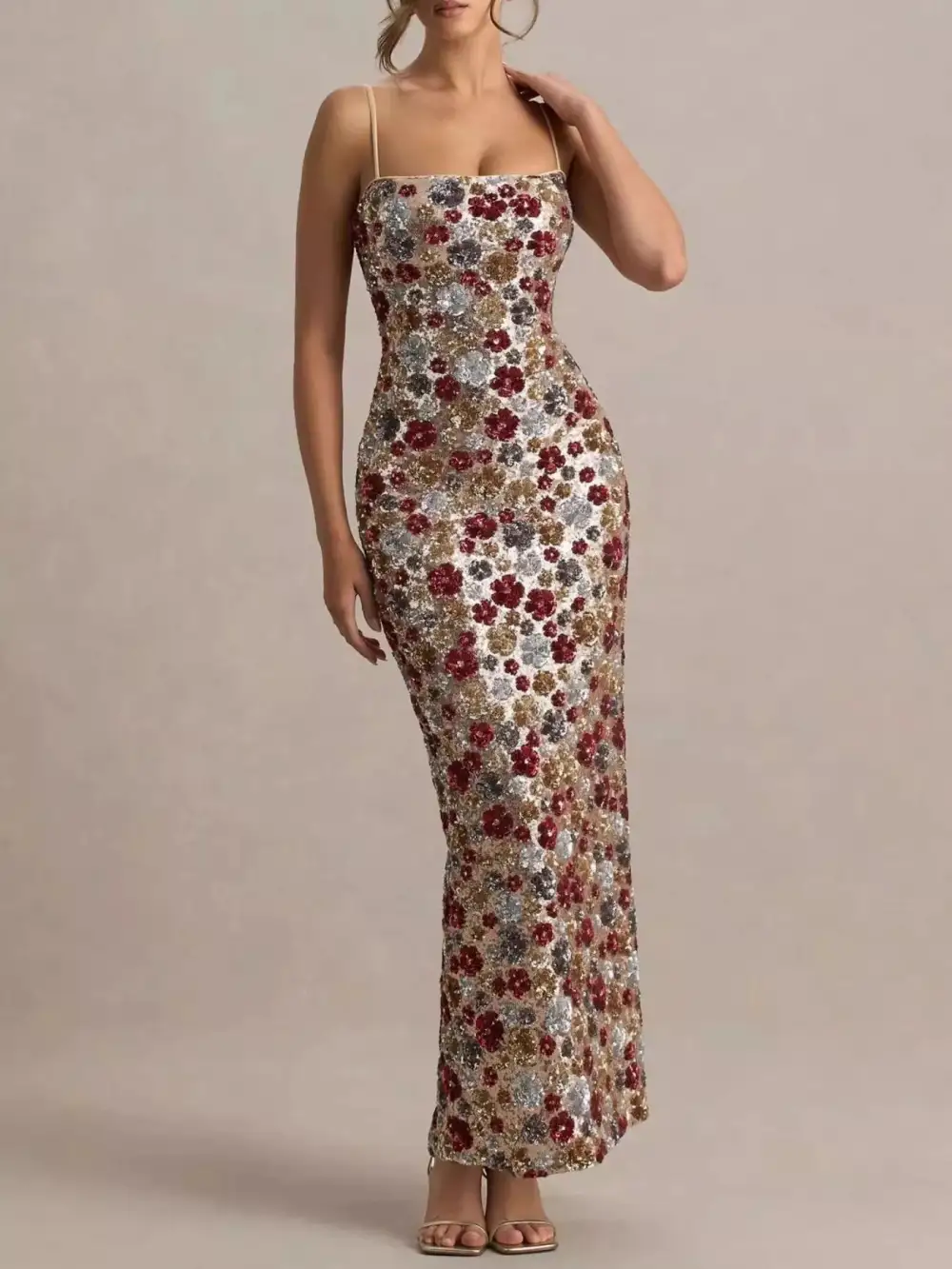 Floral Sequin Slit Maxi Dress
