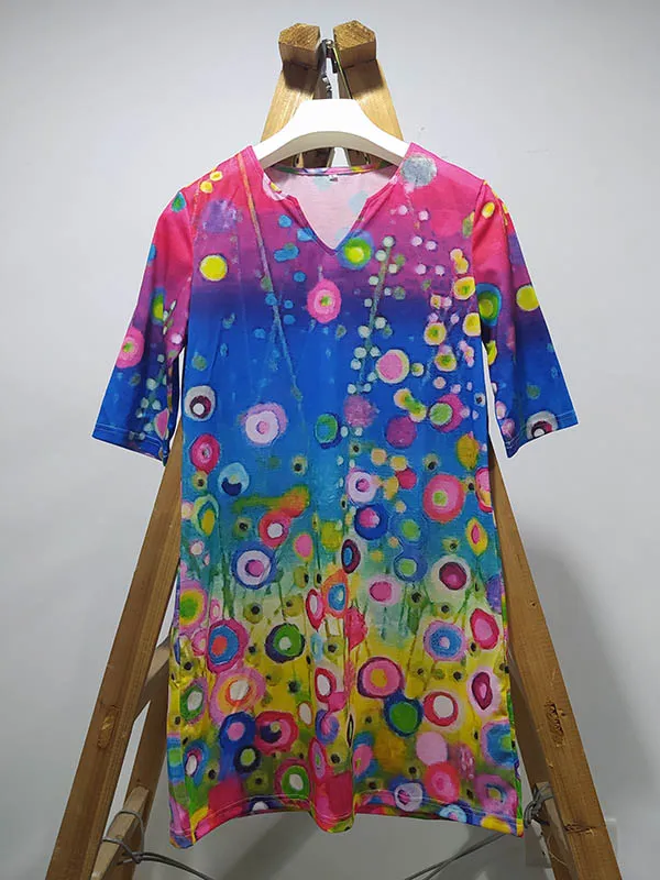 Original Printing V Neck Short Sleeve Mini Dress