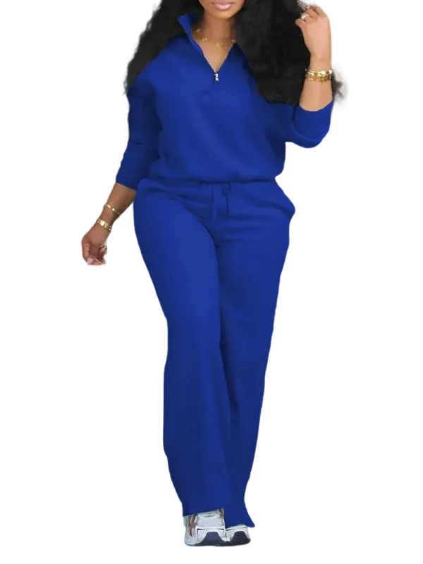 Women's Solid Half Placket Split Hem Pants Set