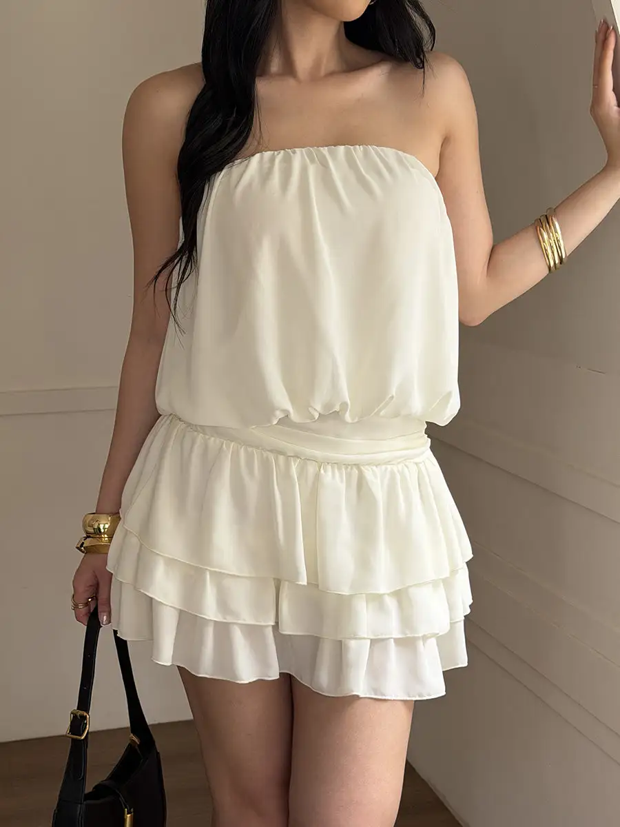 Sleeveless Elasticity Pleated Ruffle Solid Color Split Joint Tube Mini Dress