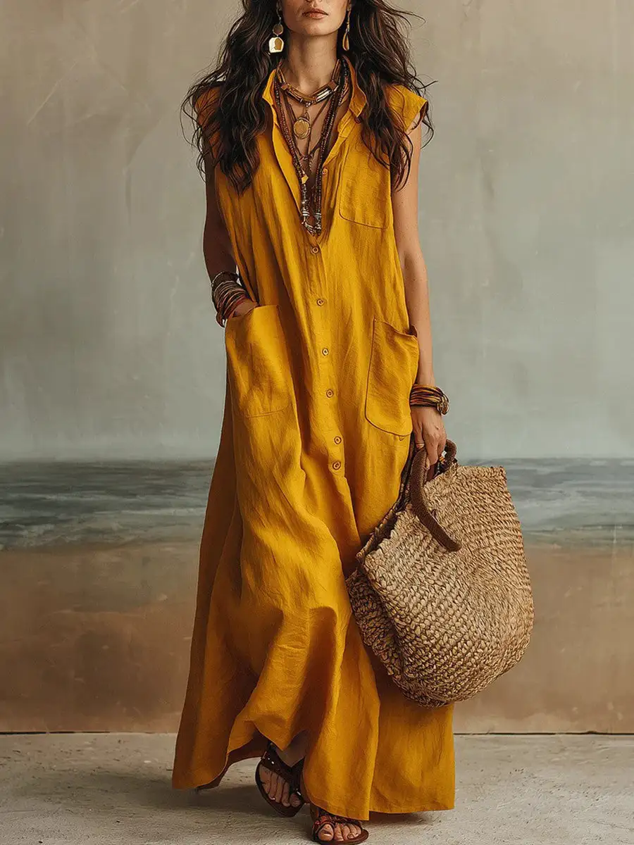 Loose Buttoned Sleeveless Maxi Dress