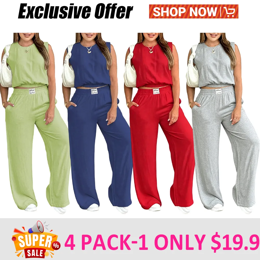 🎉Women's 2-Piece Solid Color Tank Top & Wide Leg Pants Set