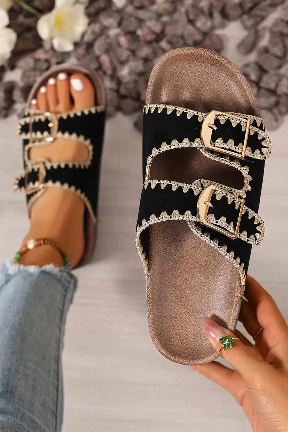Embroidered Trim Buckle Flat Sandals