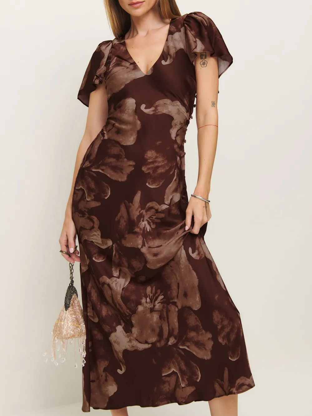 V Neck Flutter Sleeve Floral Maxi Dress