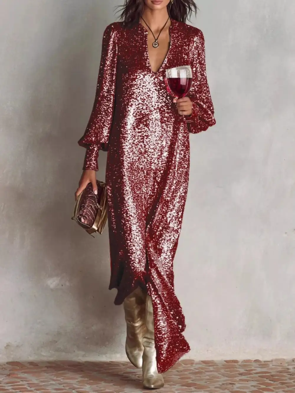 Sequin Lantern Sleeve Maxi Dress