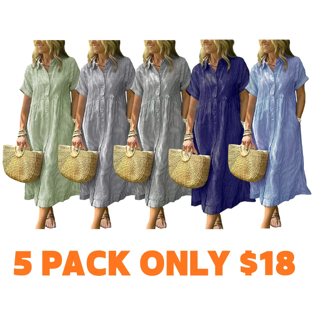 Women‘s Boho Striped Shirt Dress Button Down Loose Midi Dress with Pockets and Side Slit