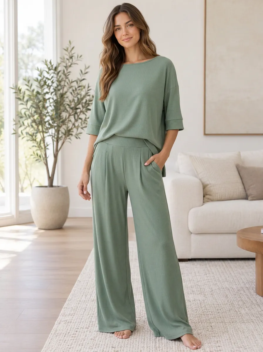 Comfort Lounge Women's Ribbed Wide Leg Pajama Set