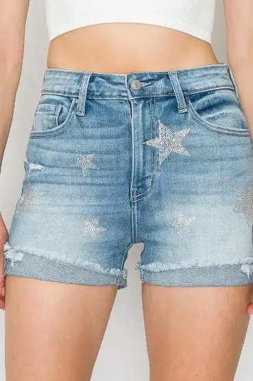 Everyday High Rise Embellished Stretch Denim Shorts