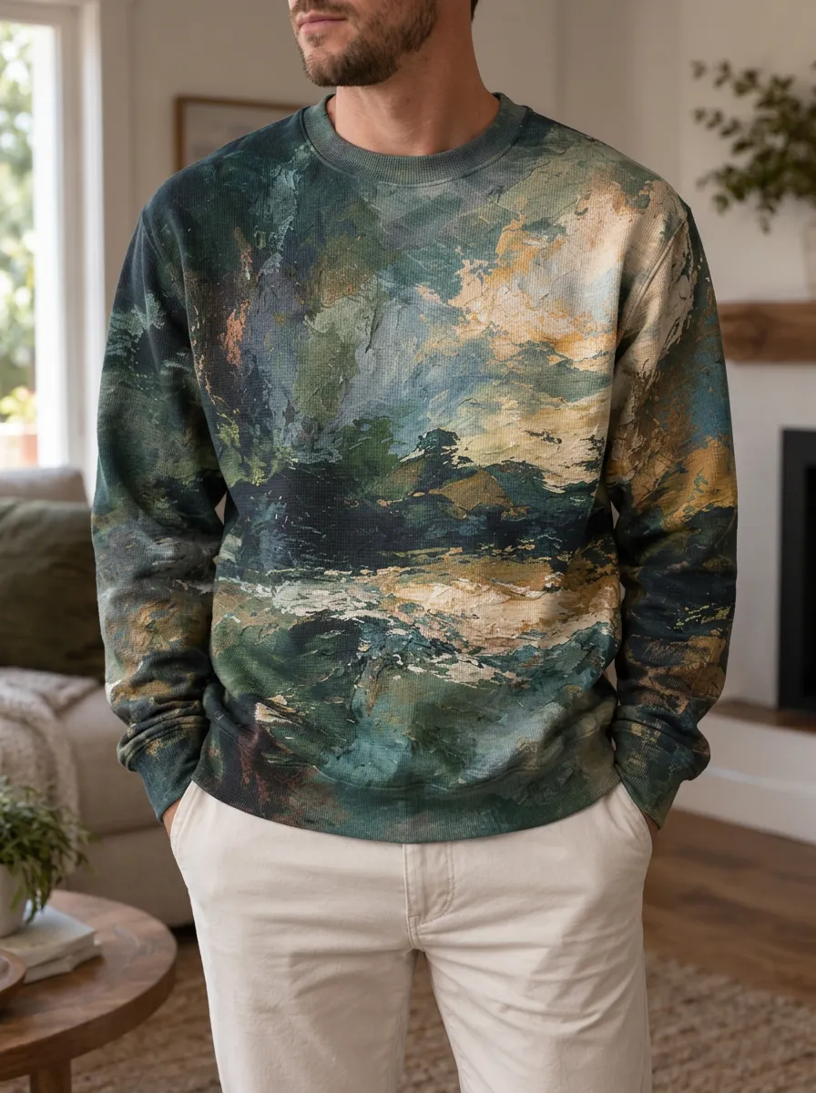 Men's Multicolor Abstract Printed Waffle Crewneck Sweatshirt