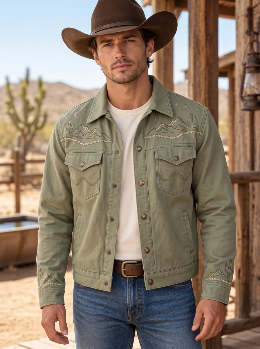 Men's Western Cactus Desert Mountain Embroidered Jacket