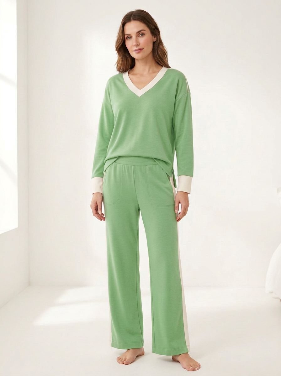 Women's Side-Slit V-Neck Piped Straight-Leg Lounge Set