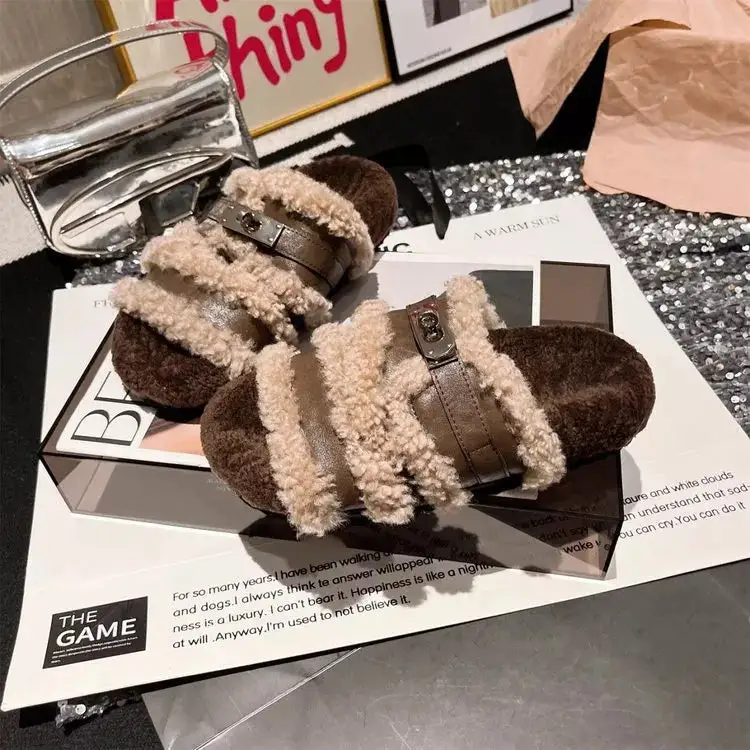 Fuzzy Buckle Accent Plush Slippers
