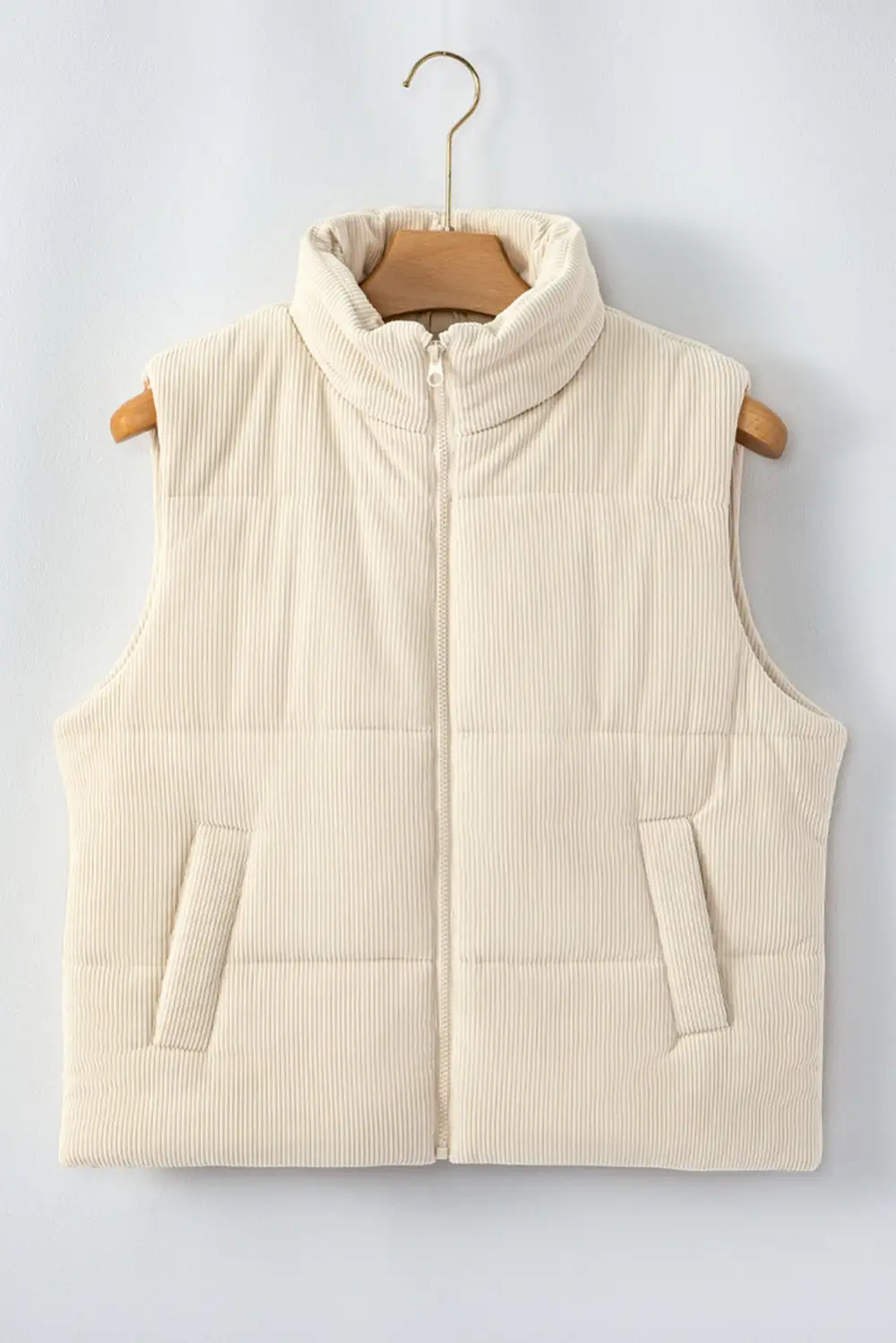 Corduroy Stand Collar Zip Puffer Vest