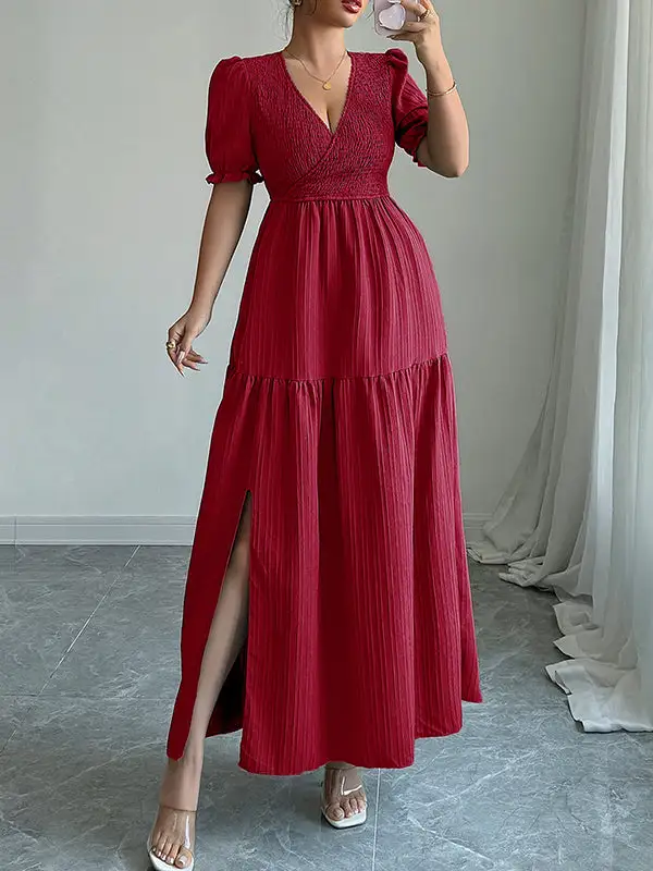 Front Pleated Neck Maxi Dress