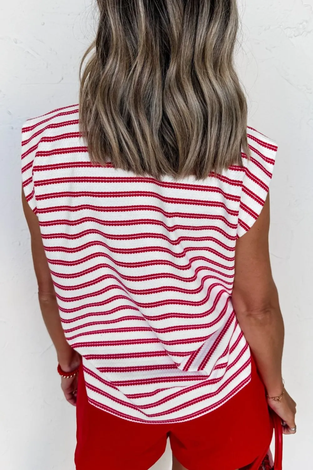 Stripe Textured Knit Button Detail Short Sleeve Casual T-Shirt