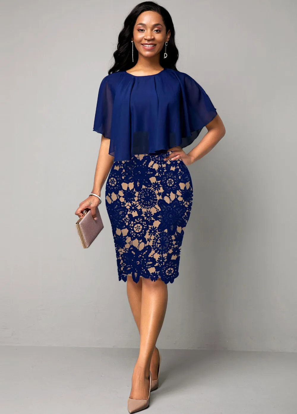 Navy Blue Lace Panel Cape Sleeve Dress