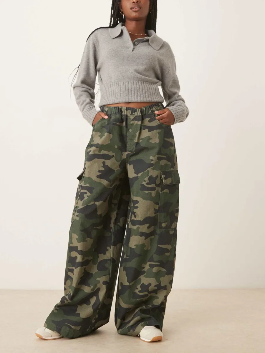 Camo Cargo Wide-Leg Pants