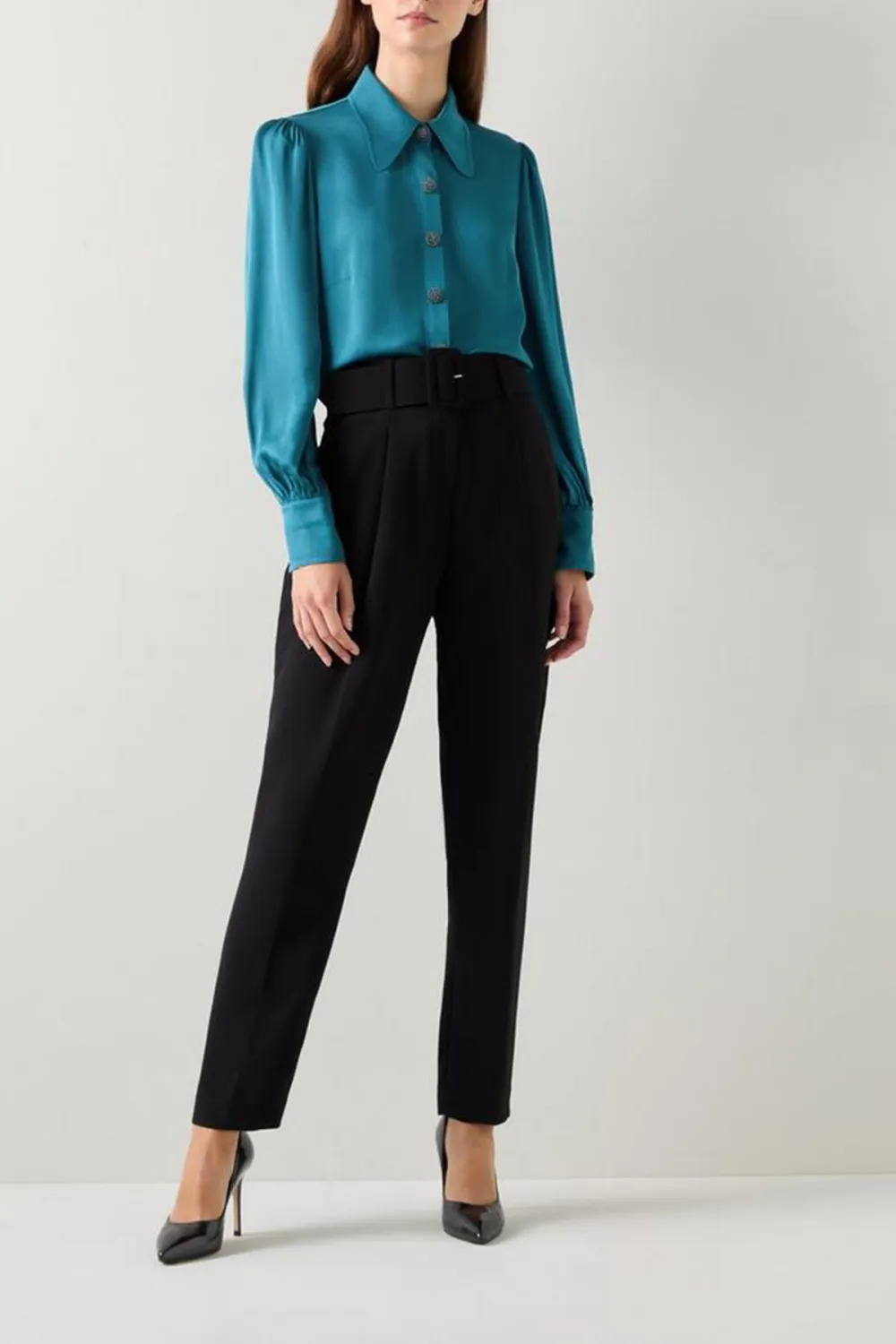 Teal Long Sleeve Button Down Silk Blouse
