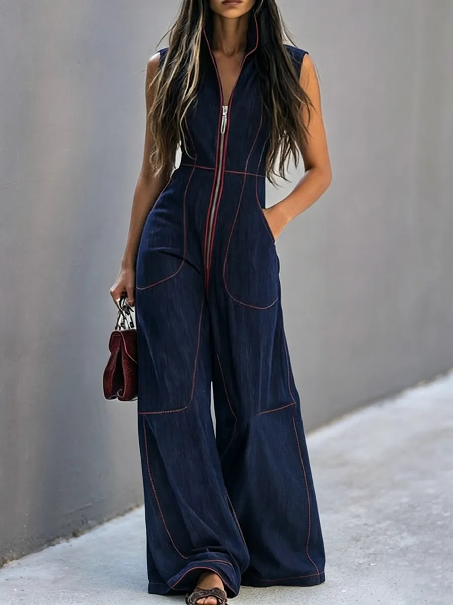 Jumpsuits Met Hoge Taille Mouwloze Zakken Ritssluiting En