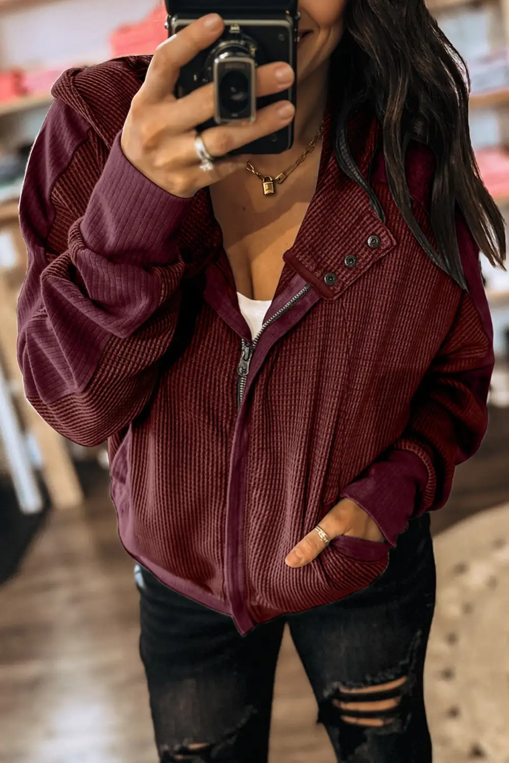 Waffle Splicing Zip-Up Front Button Hooded Jacket