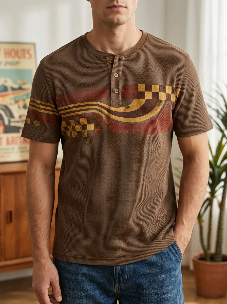 Men's Classic Retro Racing Stripe Checkerboard Henley T-Shirt