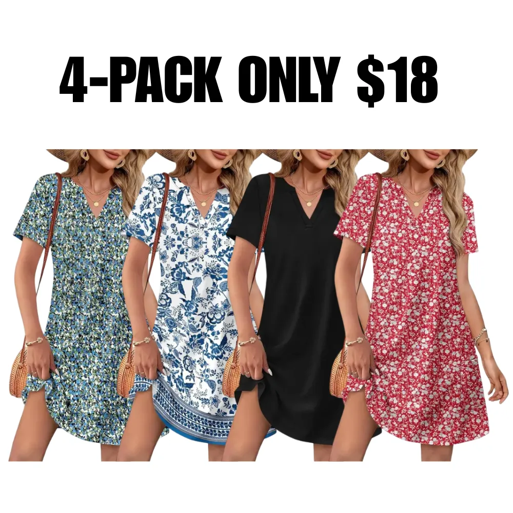 Women’s Summer Casual Dress – V-Neck Short Sleeve Beach Dress