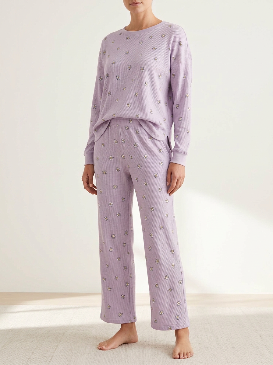 Women's Daisy Waffle-Texture Crewneck Straight-Leg Lounge Set