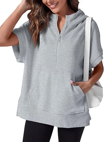Women's Oversized Half Zip Short Sleeve Hoodie with Pockets