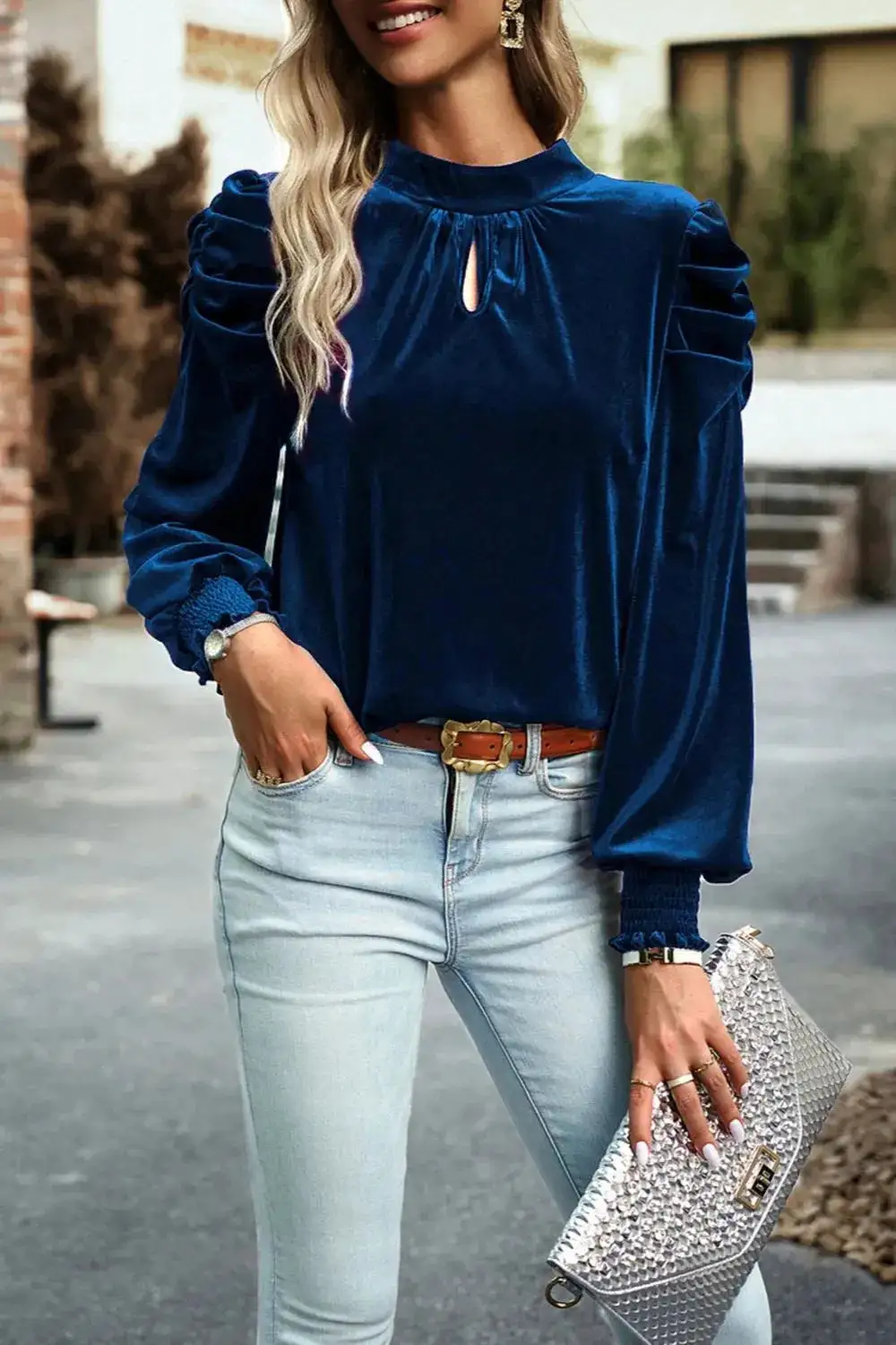 Textured Tie Detail V-Neck Blouse