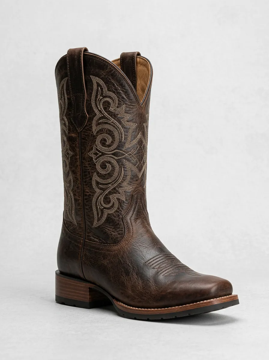 Men's Vintage-Inspired Embroidered Distressed Leather-Look Frontier Look Western Cowboy Boots
