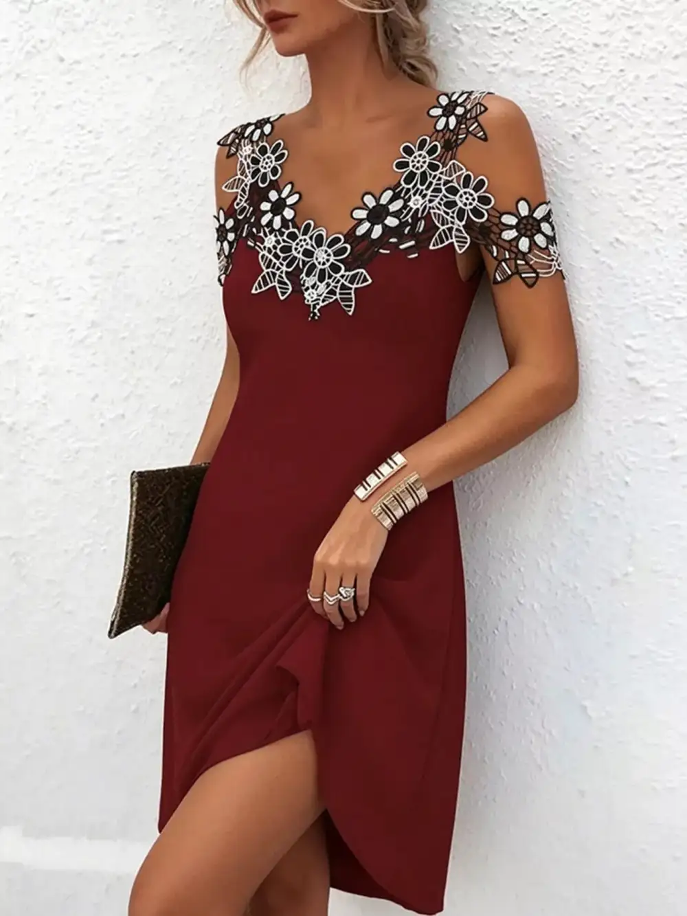 Lace Floral Trim Cold Shoulder Mini Dress