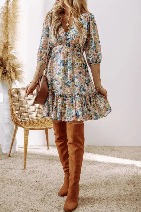 Gathered Detail Floral Printed Ruffle Mini Dress