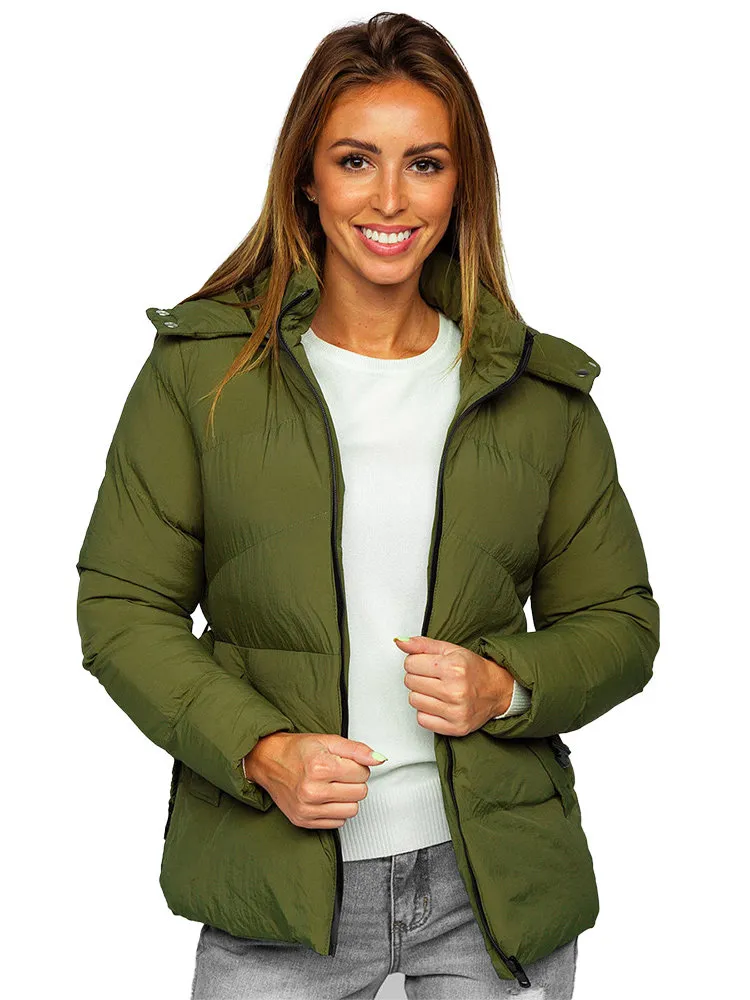 Khaki women's quilted winter jacket with hood
